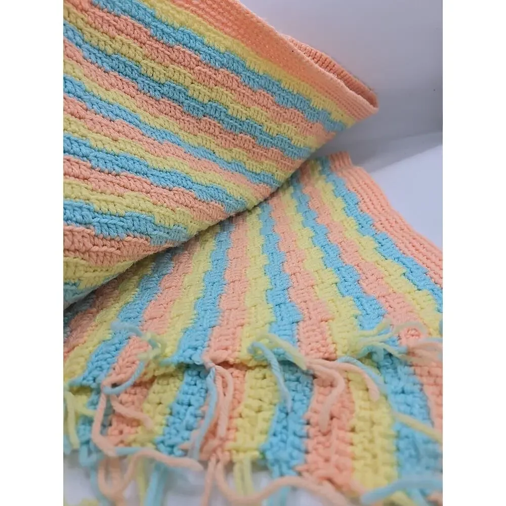 Vintage Multicolor Striped Crochet Colorful Fringe Throw‎ Blanket Size 36.5
